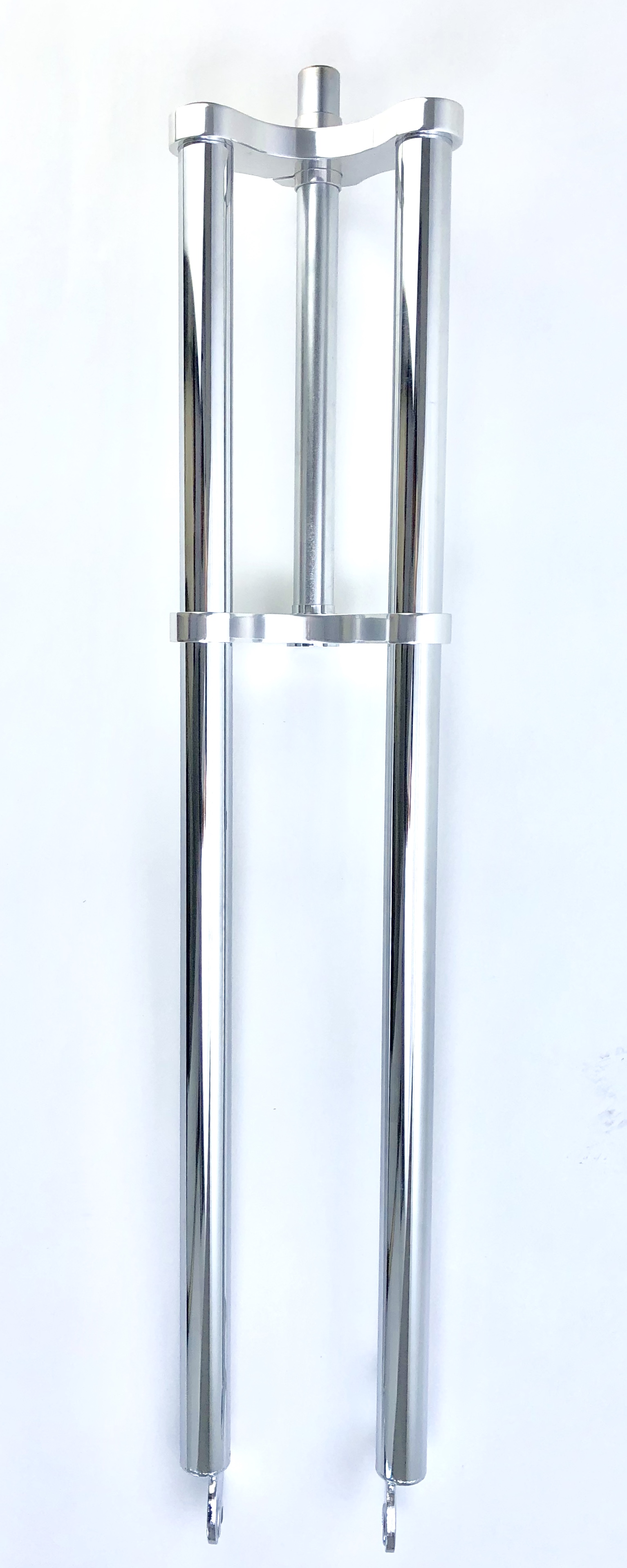 Forcella a doppia piastra lungheszza cannotto, scostamento  840 mm acciaio cromato e alluminio lucido, 1 1/8