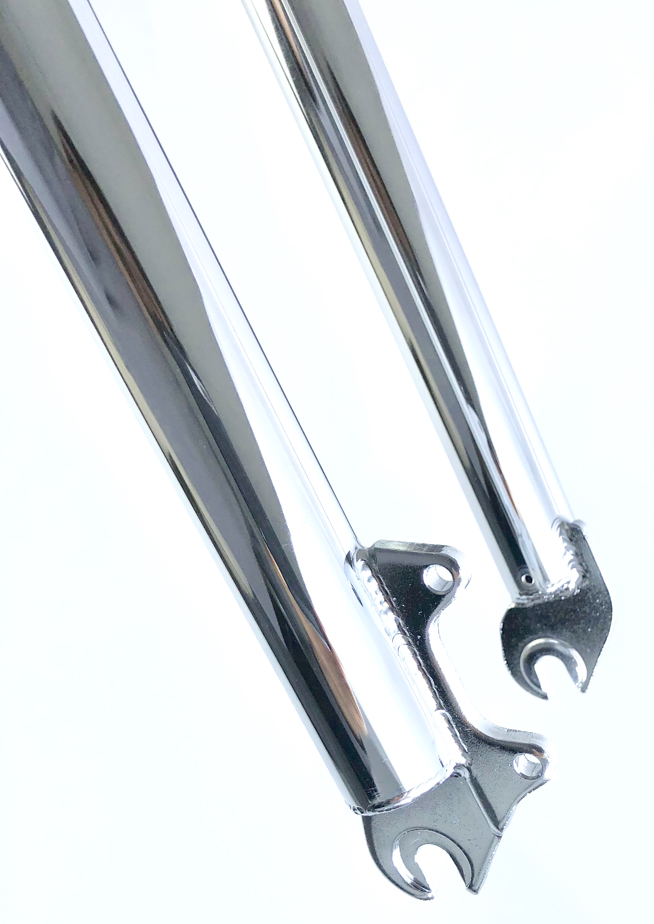 Forcella a doppia piastra lungheszza cannotto, scostamento  840 mm acciaio cromato e alluminio lucido